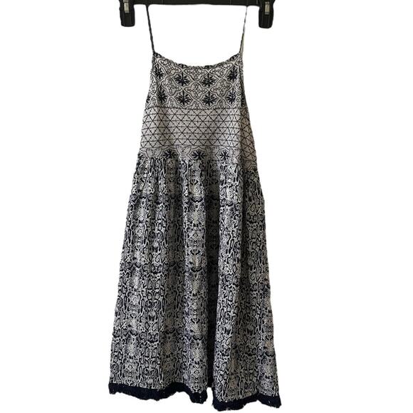 PPLA Dresses & Skirts - PPLA Boho Tassel Dress Size Small Navy White Tribal Print Mini